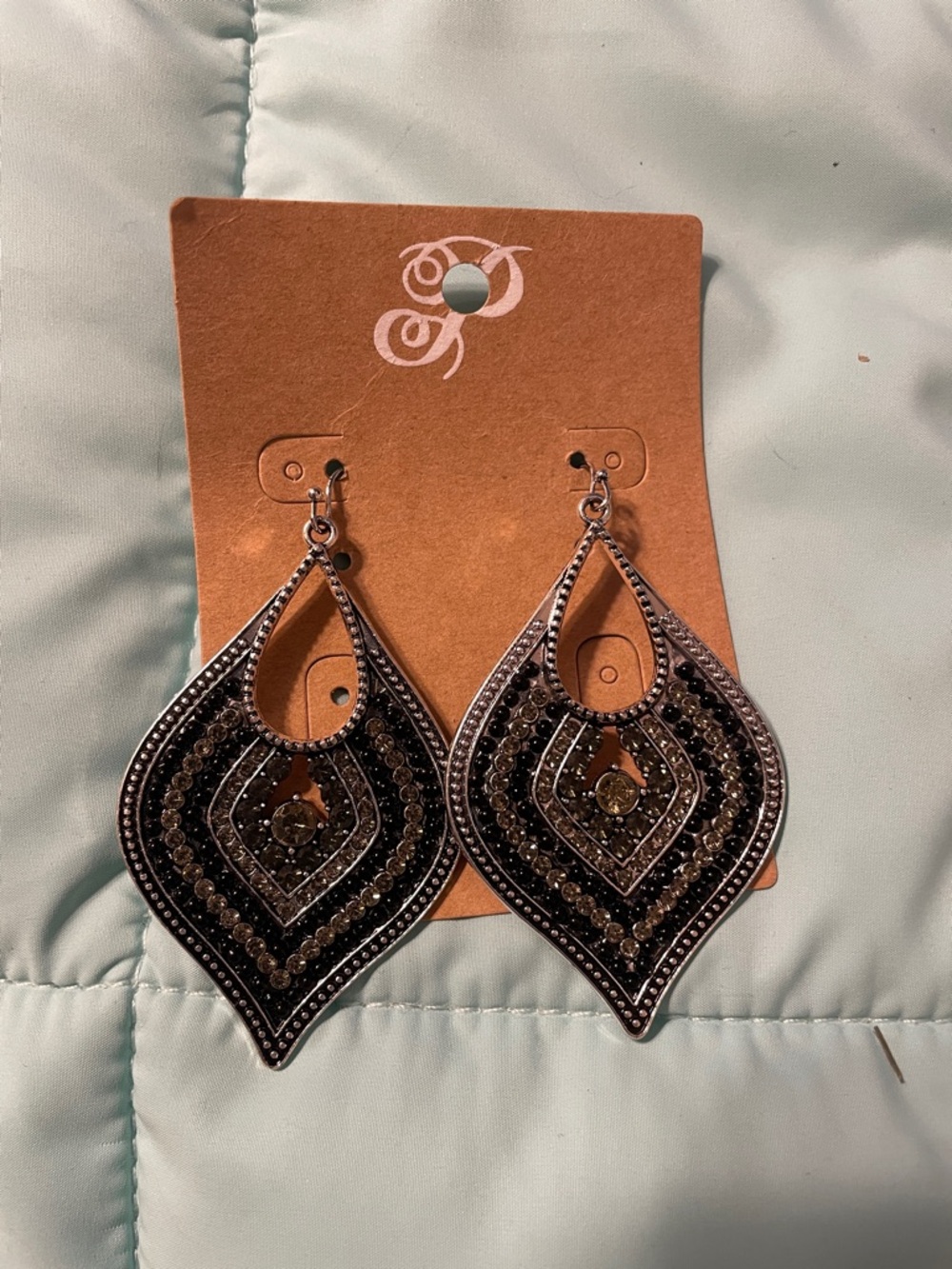 Plunder- Silver-tone Black Crystal Teardrop Dangle Earrings